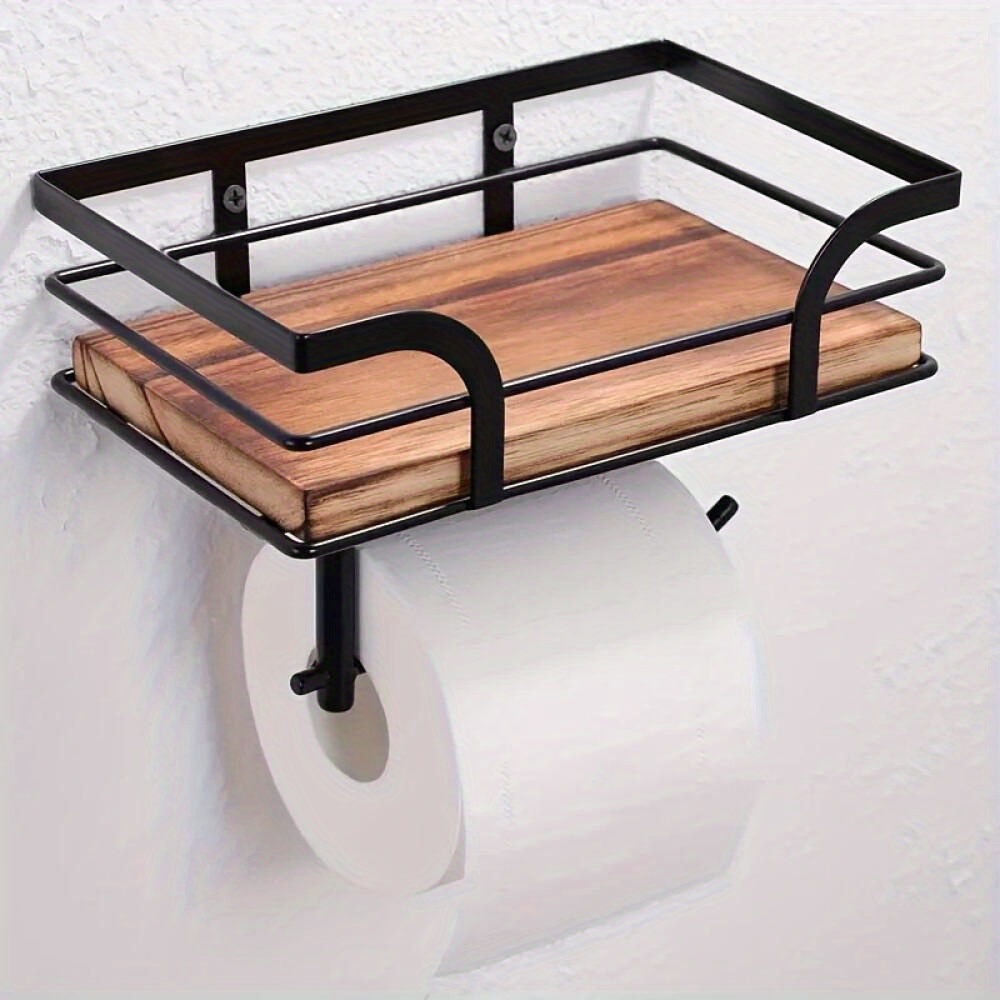 TEMU 1pc A Wooden And Black Metal Wall-mounted Rack For The Bathroom, Featuring A Toilet Paper Holder. - Storage Solution Is Ideal For Towels,