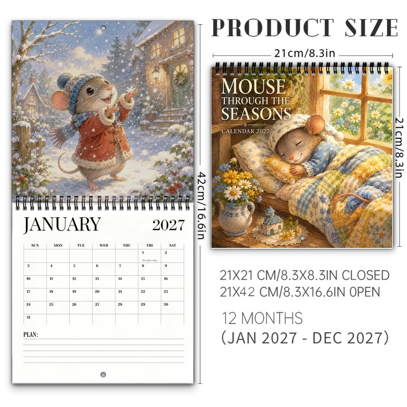 TEMU Calendrier mural fantaisiste de souris 2027 - Agenda mural à spirale avec papier épais, d'écriture spacieux et pages mensuelles sur le thème des