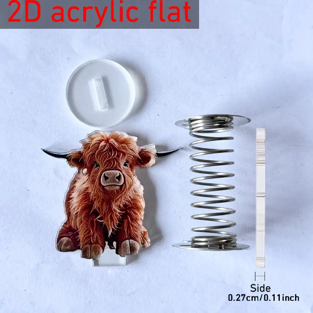 TEMU 2d Flat, 2d Flat Acrylic Highland Cow Car Decor - Cute Spotted Design, Durable Dashboard Ornament For Vehicles, Desk Decoration, Unique Gift For