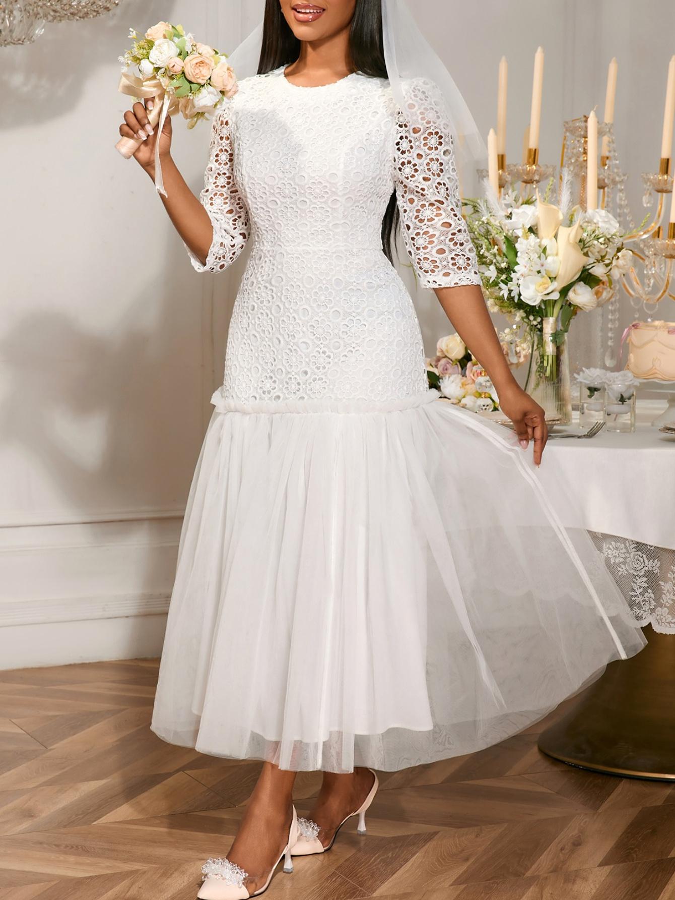 elegant white sheer dress Elegant Simple Beach A-Line Lace Organza Floor Zipper Low-V BackWedding Dress with Sheer Sleeve, Diamond White / 18