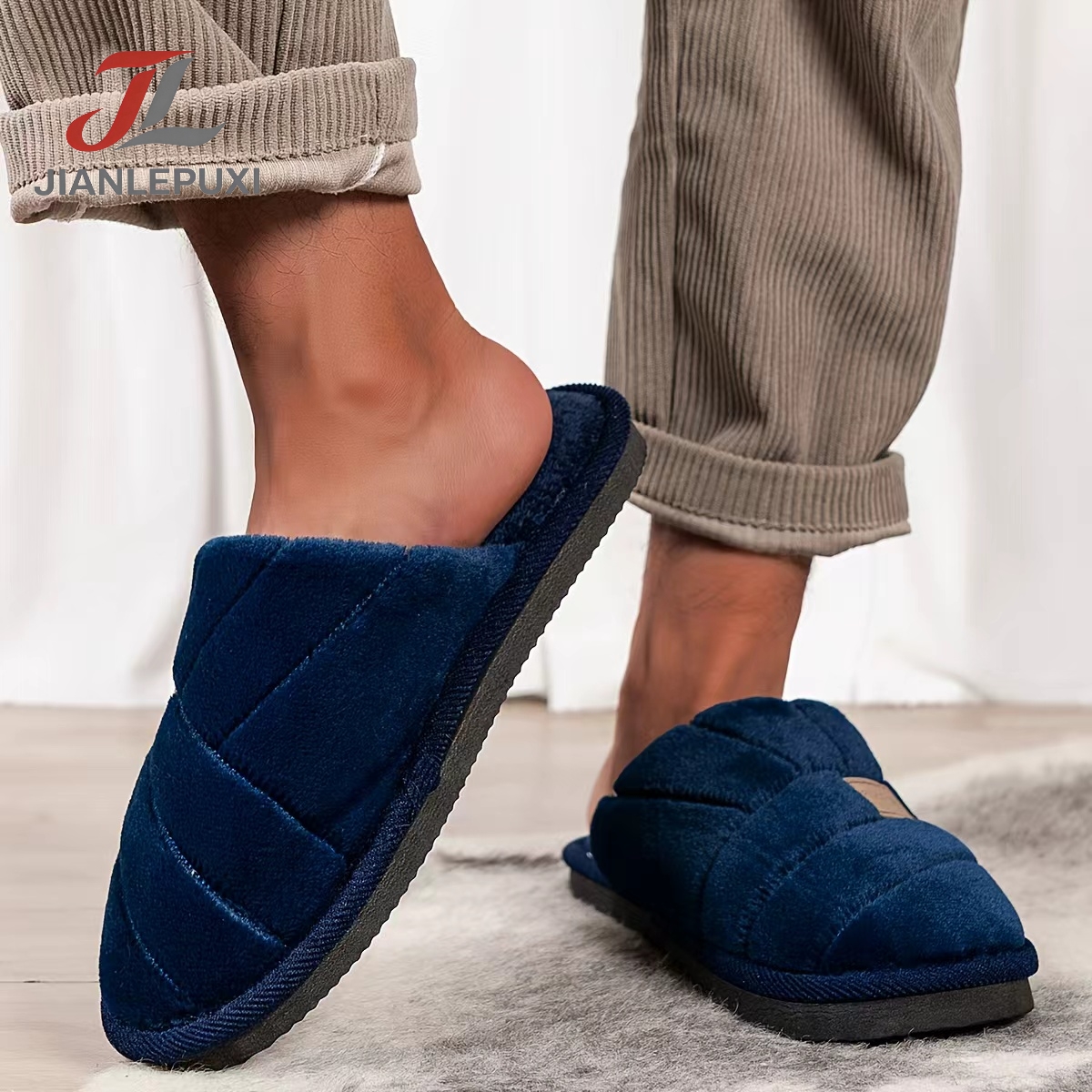 Men's Slippers, Indoor House Slippers, Silent Non-slip Warm Fuzzy Lined Slides