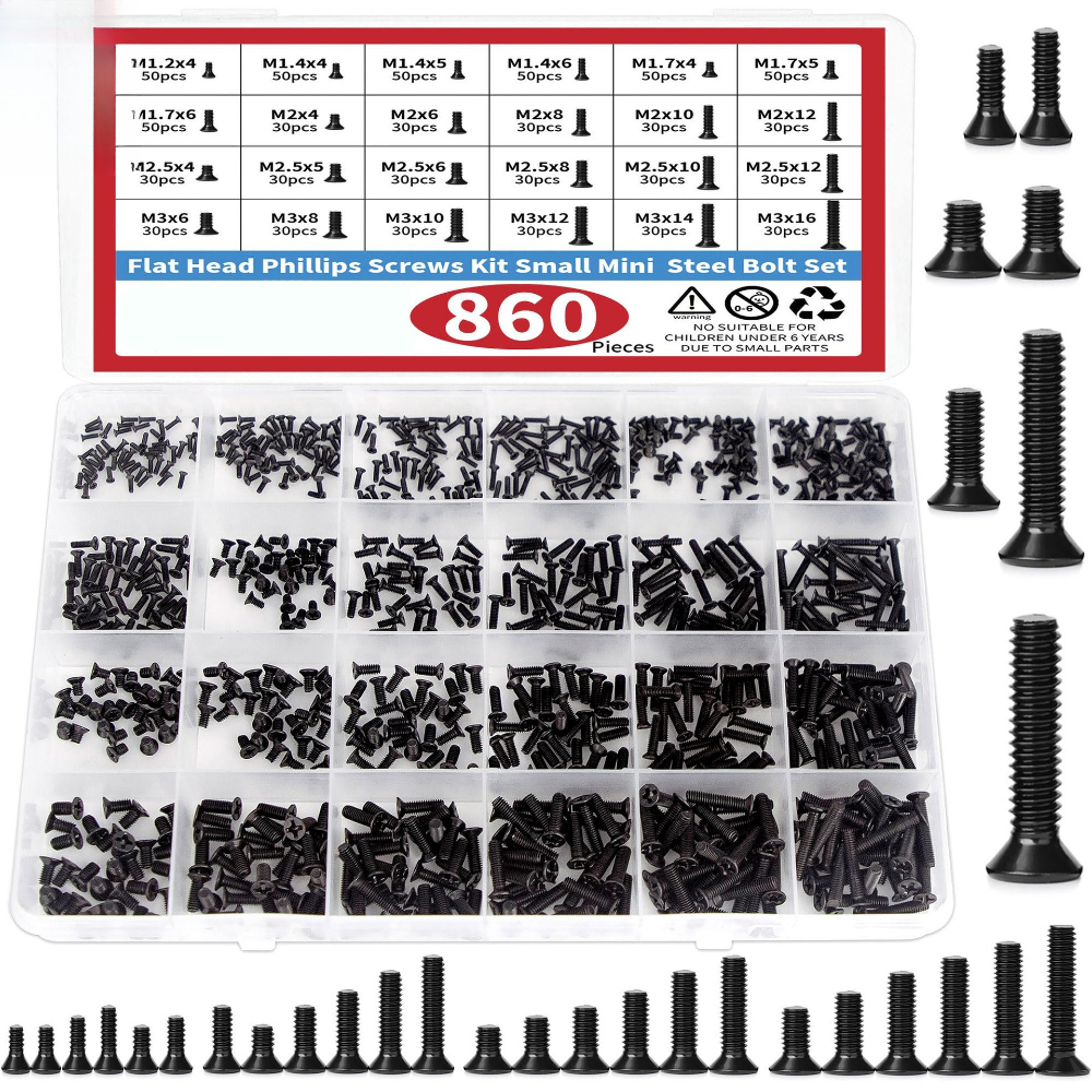 TEMU 860pcs 24 Sizes Black Phillips Screw Assortment Kit, M1.2 M1.4 M1.7 M2 M2.5 M3 Metric Mini Screws, Carbon Steel Precision Thread Fasteners With