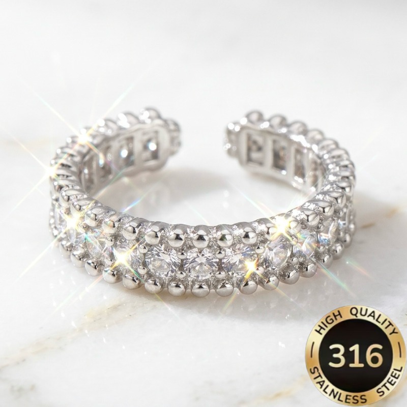 TEMU 1pc High-quality Adjustable Steel Hypoallergenic Light Luxury Sparkling Starry Synthetic Zirconia Design Ring Suitable For Daily Party Wear And