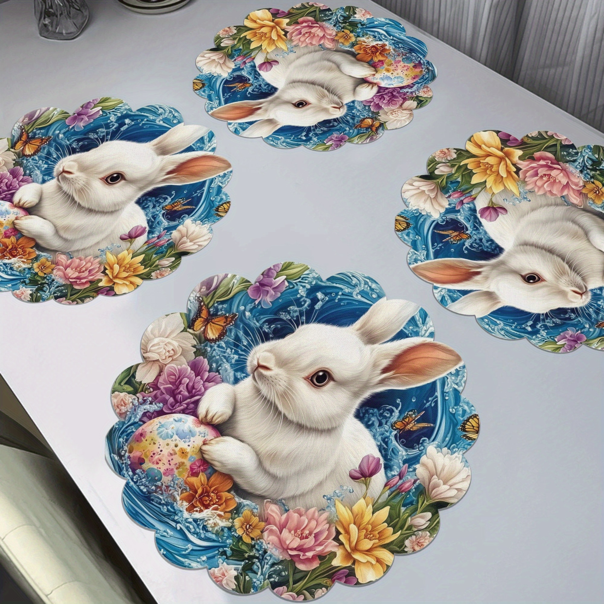 

4pcs Easter Bunny Placemats, Woven Polyester Round Table Mats, Machine Washable, Non-slip, , Heat-resistant, 15x15 Inch, With Holiday Dining Decor, Bunny Accessories