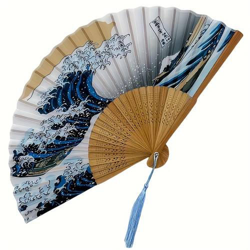 2pcs sea traditional folding fan with hook elegant tassel hand fan with art patterns suitable for dance weddings cultural events an gift suitable for women dance performances historical style accessories