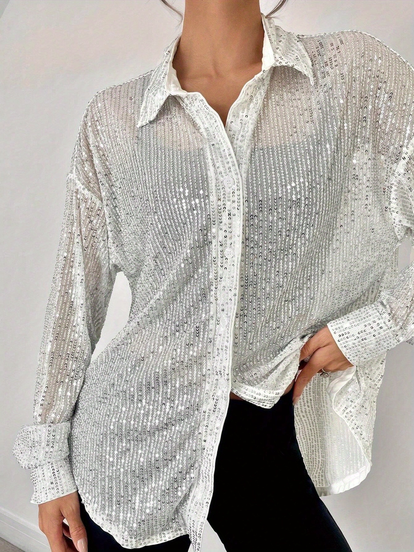 women's metallic button shirts long sleeve sparkly blouse shiny glitter  party tops disco outfits | Free Shipping On Items Shipped From Temu | Temu