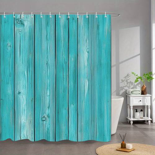 صورة العنصر ستارة حمام قطعة واحدة بتصميم خشبي ريفي باللون الأزرق الفosfati، مصنوعة من قماش البوليستر. تتضمن مجموعة ستائر معلقة مقاس × بوصة، مع خطافات، وهي مثالية للحمامات ذات الطابع الحوض والشاطئي