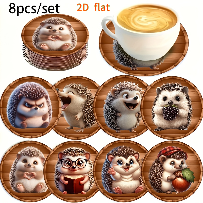 TEMU 2d Flat Printed Pattern/8pcs Set Of Cute Hedgehog Pattern Wooden Coasters -- Rustic Style Wooden Coasters For Coffee, Beverages, And Tea Cups |