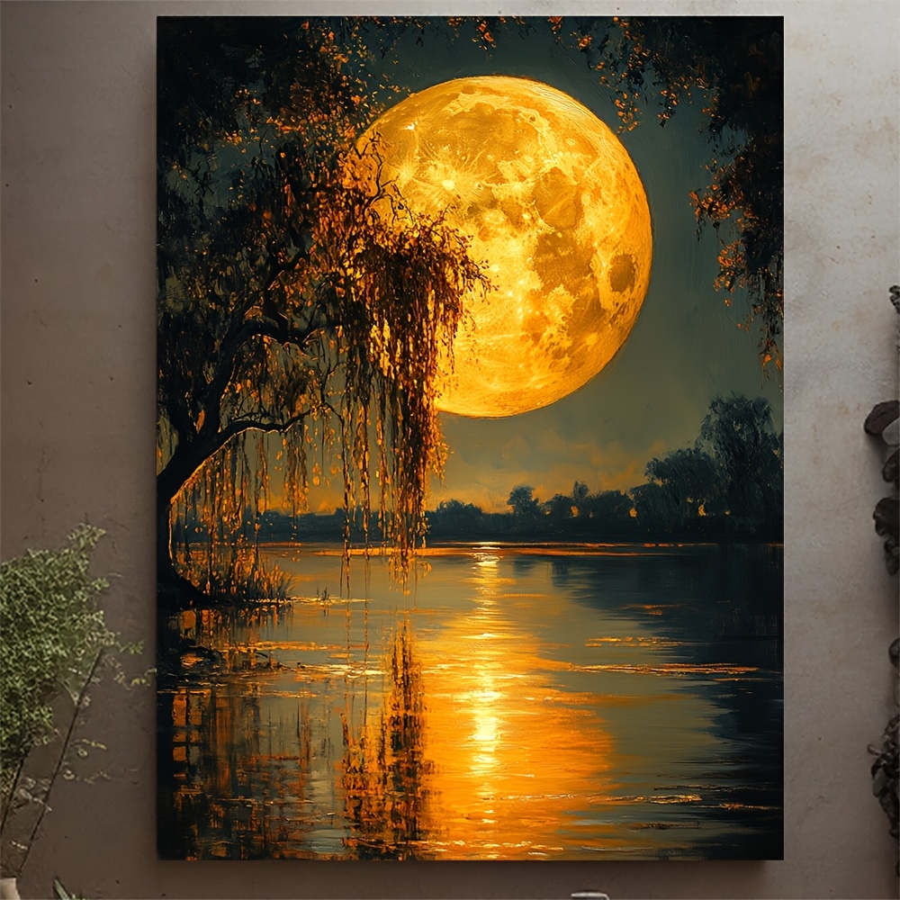 TEMU 2d Flat, 2d Flat, 2d Flat 1pc Framed Canvas Wall Art - Moonlight Lake Magic Willow And Mysterious Golden, Nature Landscape, Retro Wooden Frame