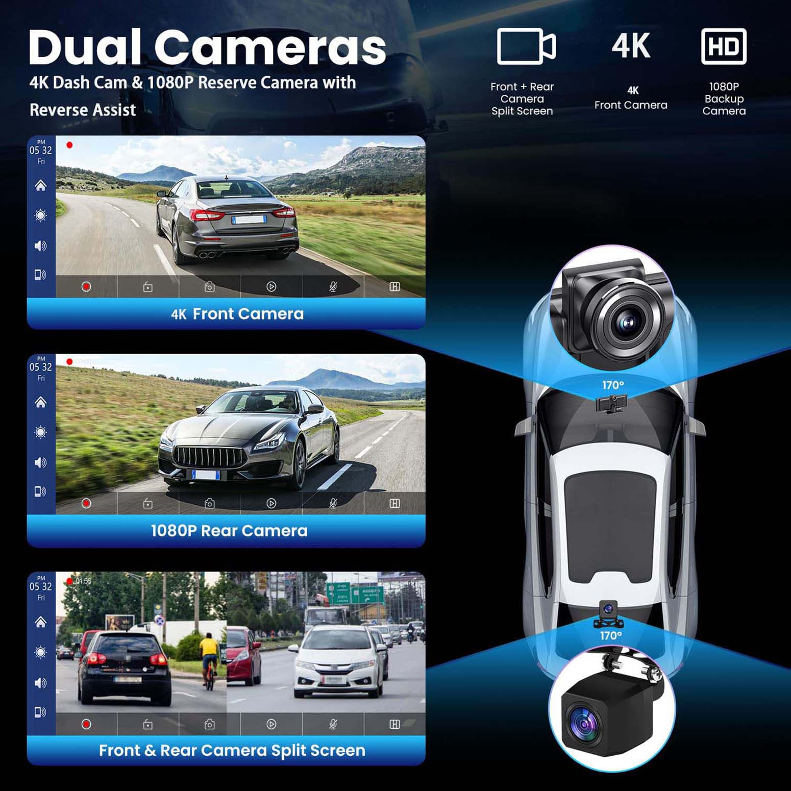 4K Front Dash Cam, 1080P Rear Camera, Portable Carplay Screen for Car - 26.06 cm Carplay & Android Auto Car Touch Stereo, with 64G TF Card, BT, GPS Navigation