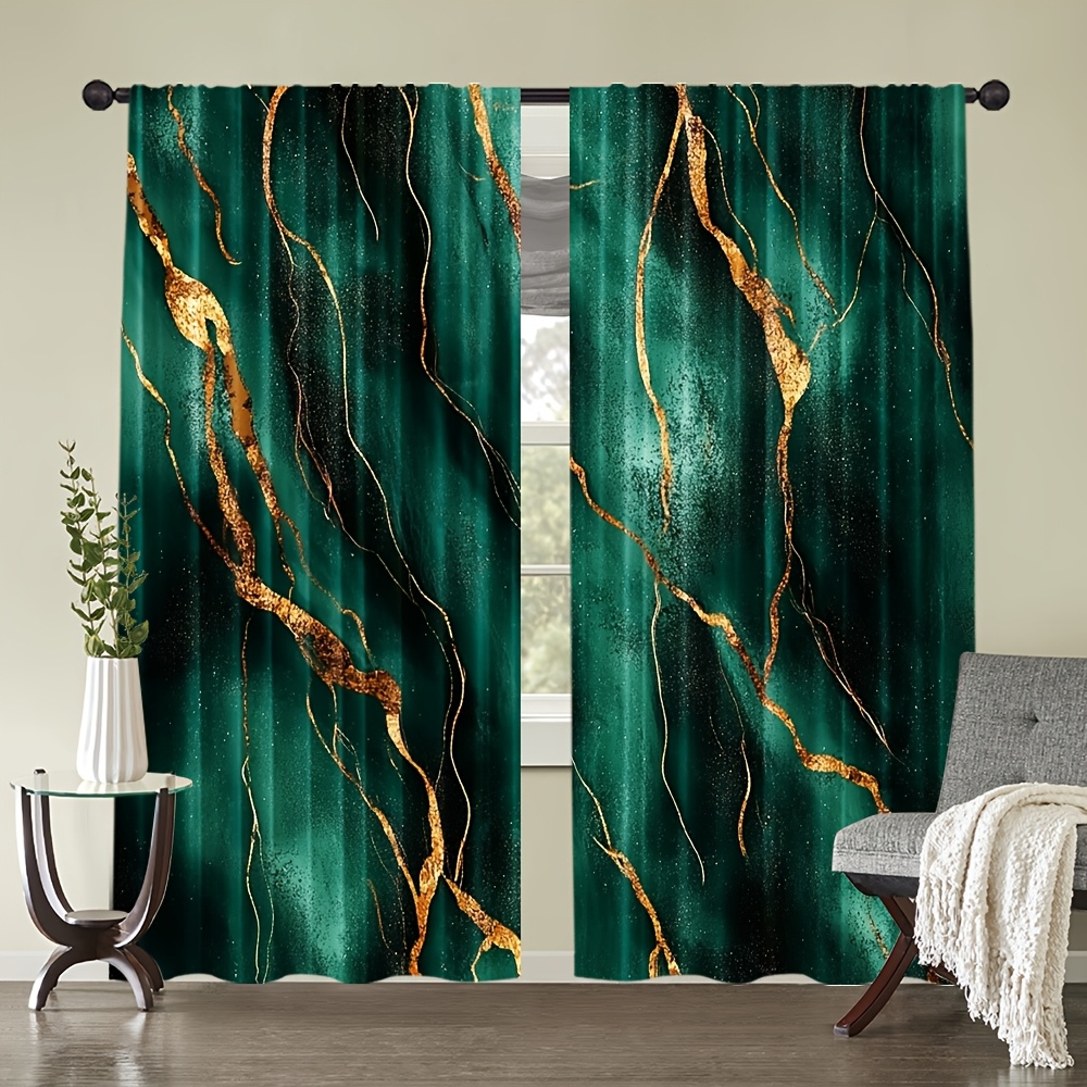 TEMU 2d Flat - 2pcs 2d Printed 21.65x59in/55x150cm Set Of 2 Elegant Semi-sheer Polyester Curtains Featuring A Dark Green And Pattern With A Design.
