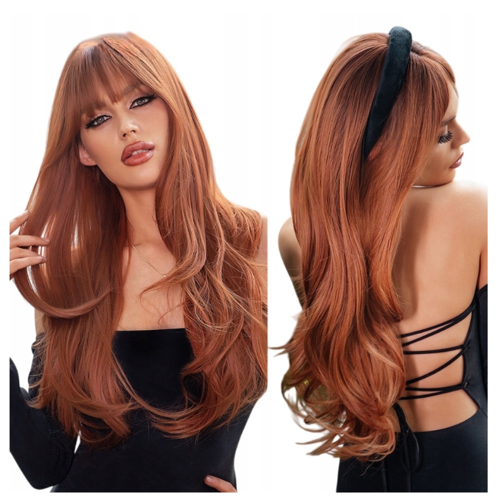 -inch Women's Dirty Orange Wig With Straight Bangs, Featuring And Shiny Curls, Perfect For Photography, Cosplay, Gatherings, Travel, And Other Daily Activities