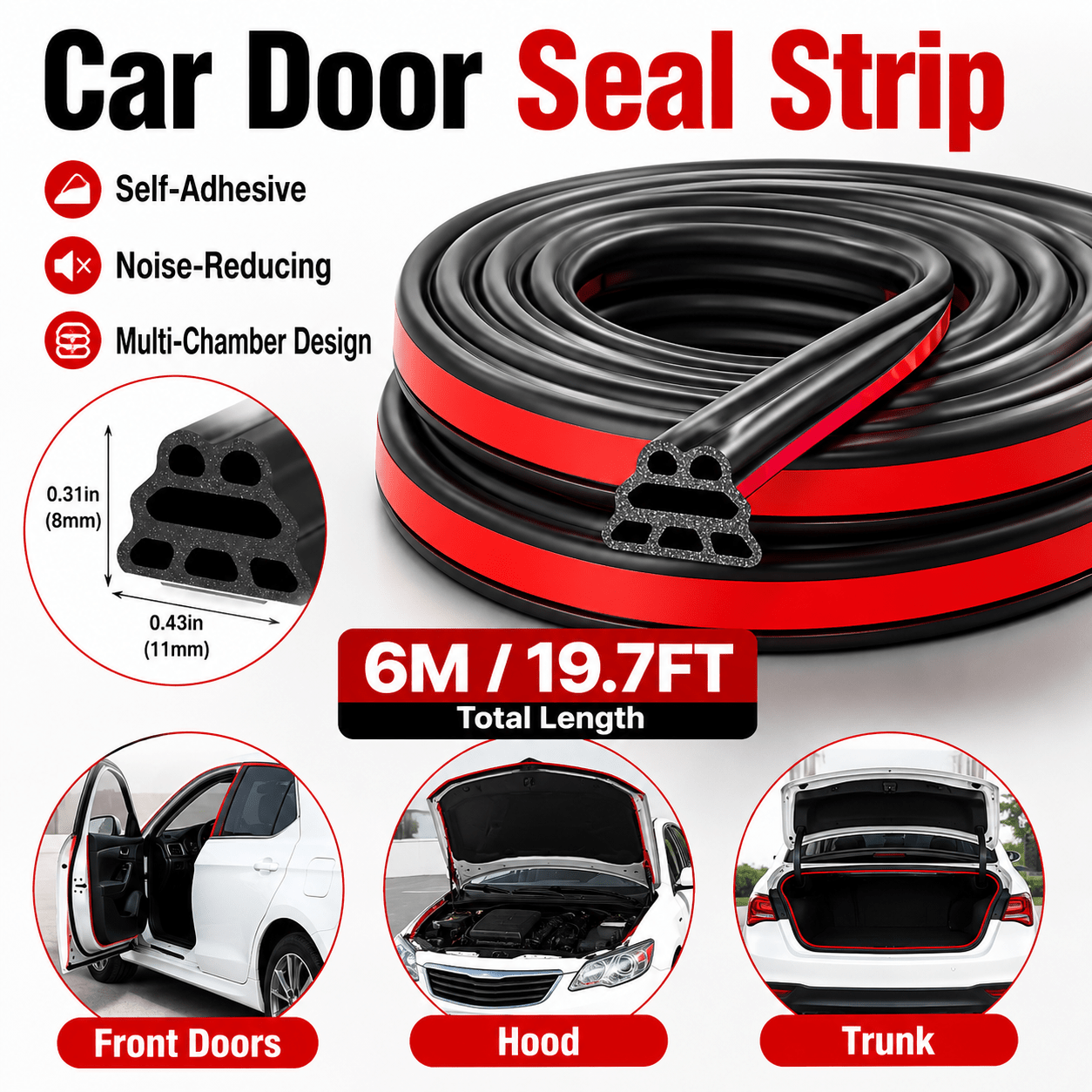 TEMU 6m/19.7ft Universal Car Door Seal Strip, Self-adhesive Synthetic Rubber Multi-chamber Edge Seal, Suitable For Front Doors, Hood, Trunk, Black