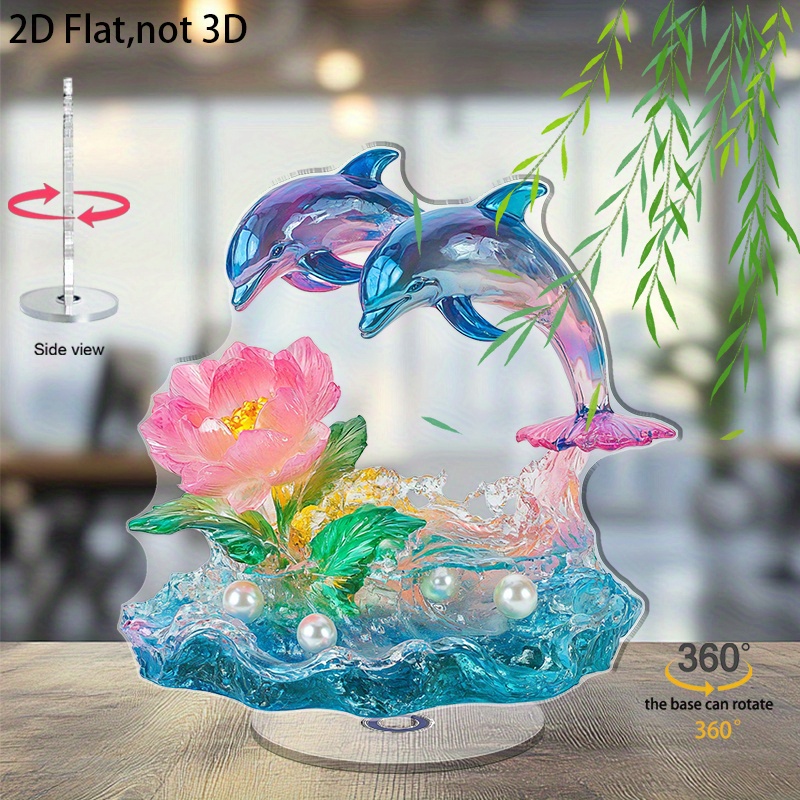 TEMU 2d Flat, 2d Plane - 2d Plane, 1pc Rotating Acrylic Crystal Dolphin Statue, Hanging On A Color-changing Ocean, With Pearls, A Desktop Ornament