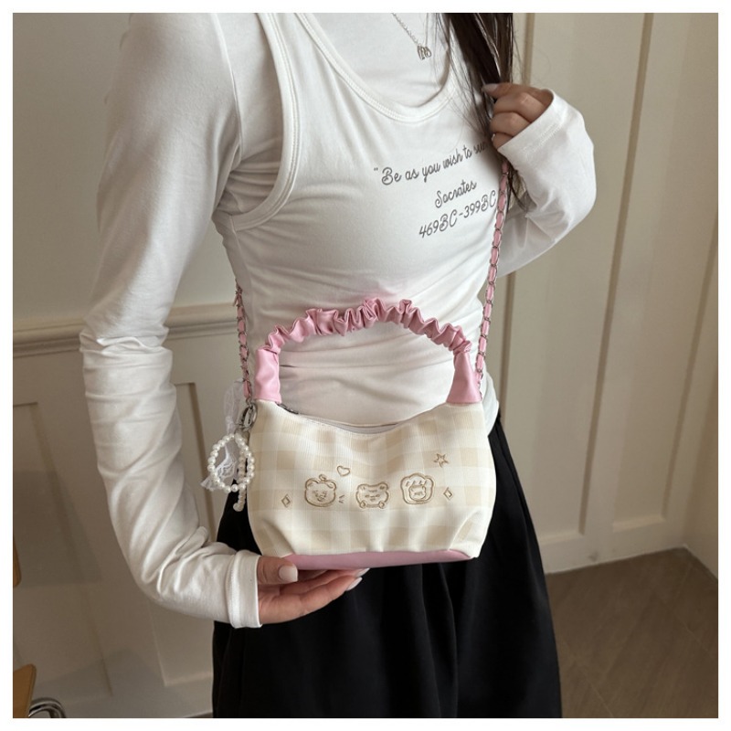 Plaid Ruched Handle Hobo Bag With Pearl Bow And Chain Shoulder Bag_voghion.com