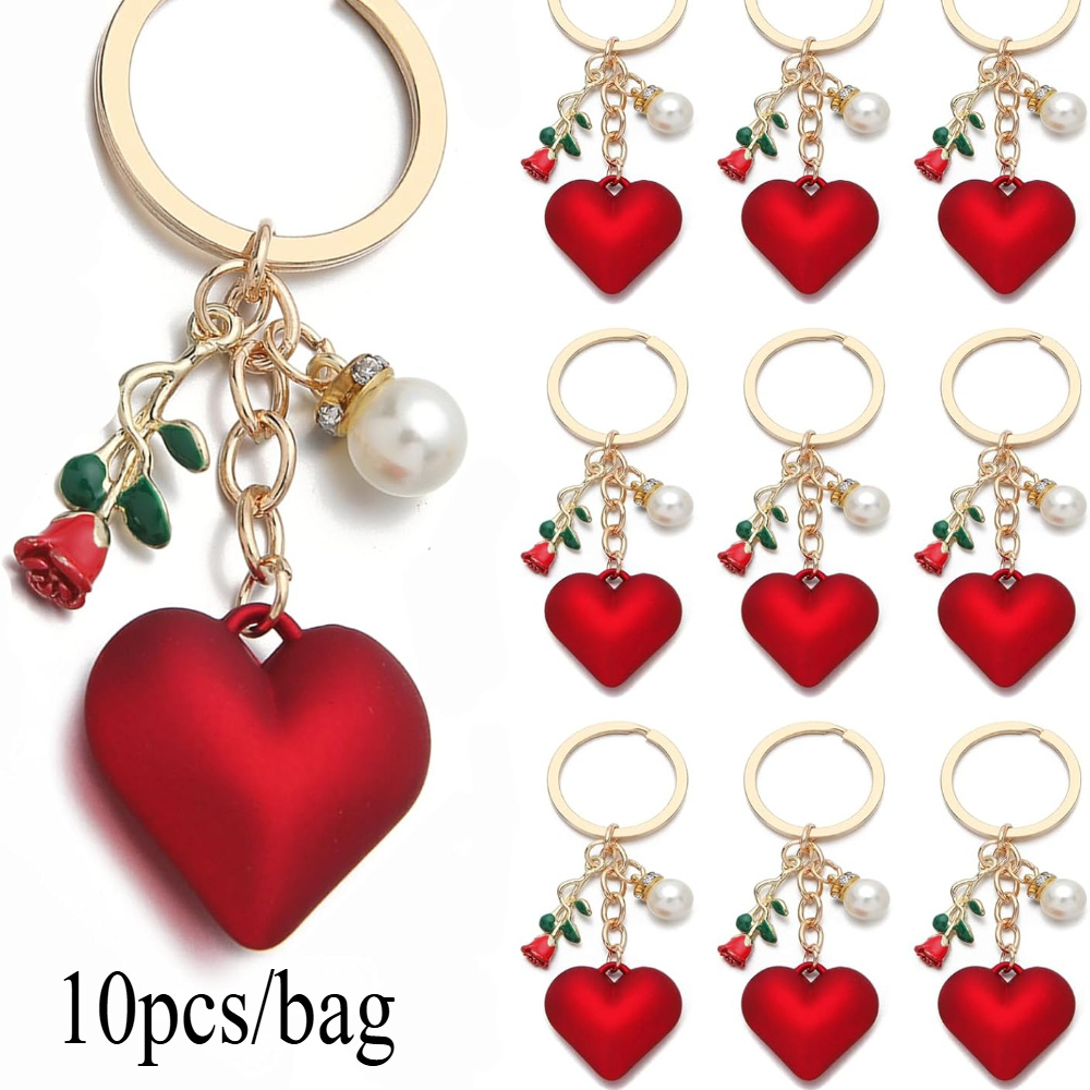 TEMU 10 Heart-shaped Rose Keychains For Couples - Red Enamel Love And Green Rose Pendant, Ring, Valentine's Day Gift Women's Bag Backpack Car Pendant