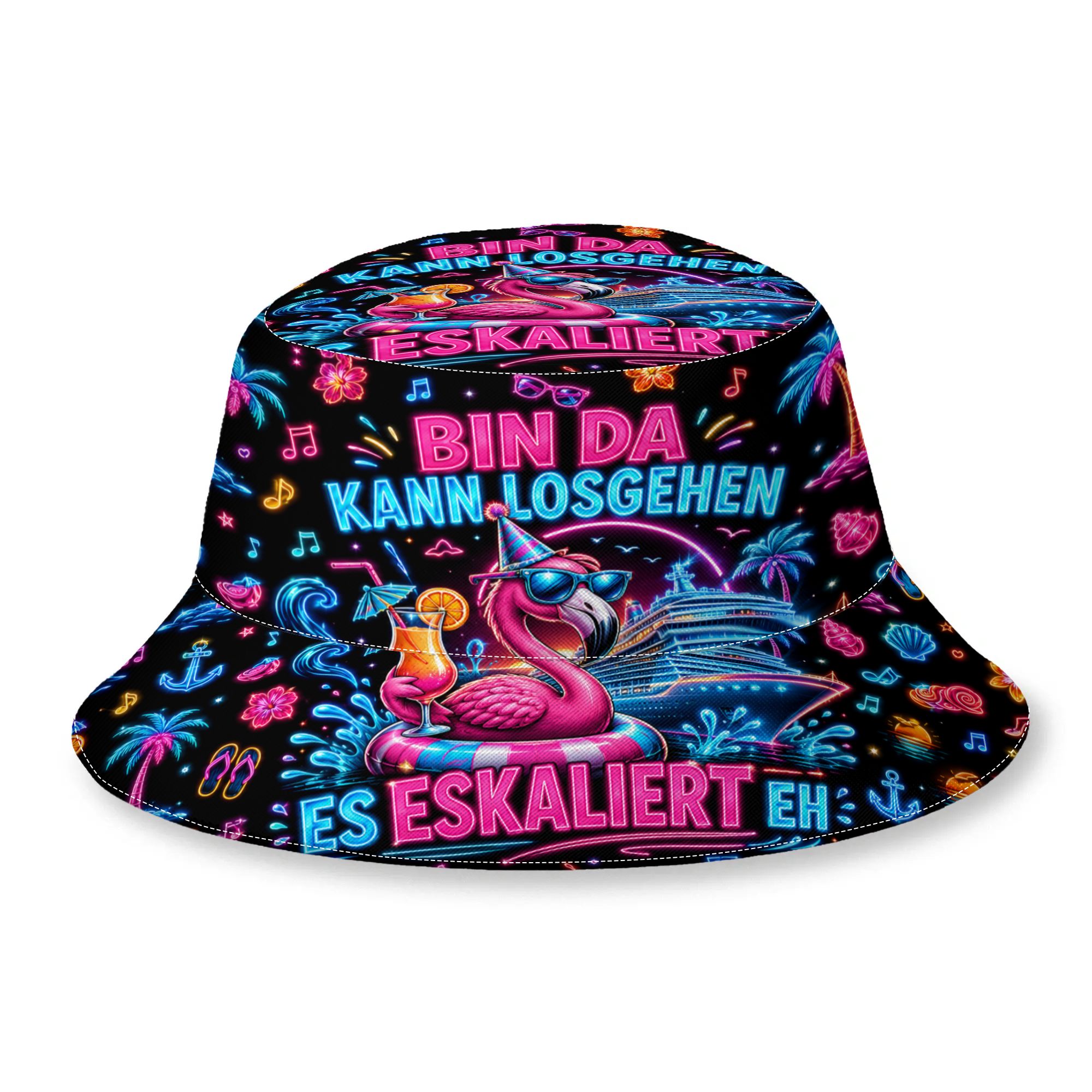 TEMU 1pc Bin Da Kann Losgehen Es Escaliert Eh Flamingo Kreuzfahrt Funny Print Bucket Hat, Unisex Outdoor Casual Full Print Bucket Hat, Summer Beach