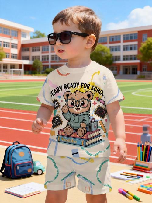 starting season 2pcs summer new baby boy good bear 3d printed pattern round neck t shirt and shorts set comfortable and stylish dressing options for outdoor
