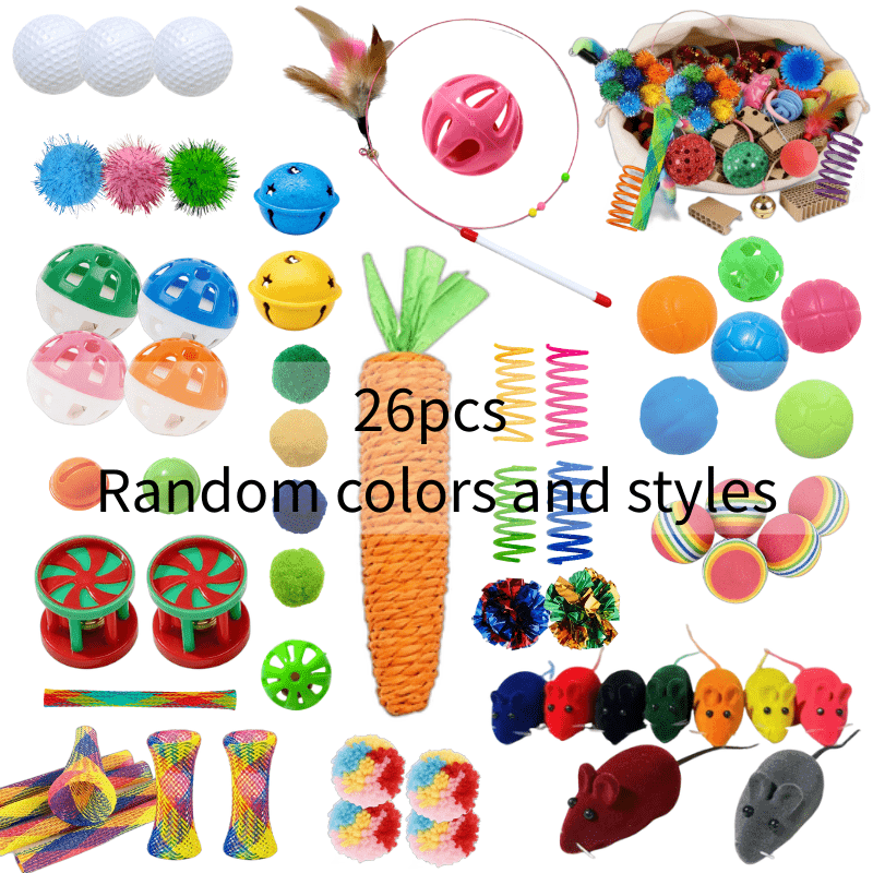 TEMU Random 26pcs Cat Toys And Additions, Multi-colored, Diverse Styles, Durable Materials, Including Pet Bells, Colored Springs, Interactive Cat