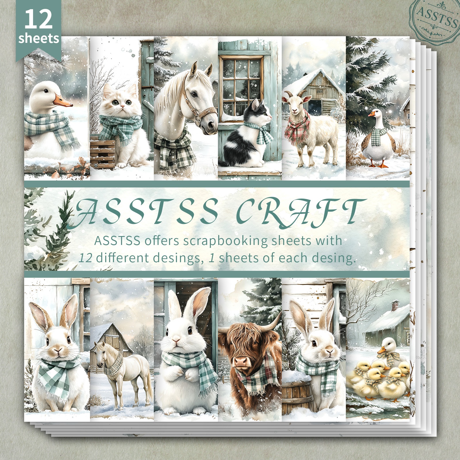 TEMU Lot de 12 feuilles de papier scrapbooking ASSTSS de 6X6 pouces, papier de base de style ferme hivernale avec animaux de ferme givrés pour Noël,
