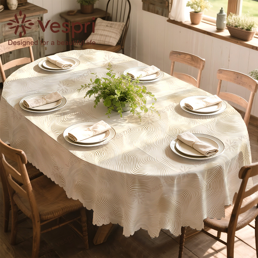 Image of Textured Tablecloth, Oval, White Cream Decor, Green Leaves Wood Grain, For Spring Summer Dining Party Festival Outdoor, Home Decor Family Setting