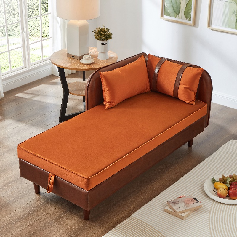 65-Inch Storage Chaise Lounge Sofa in Brown PU And Orange Velvet