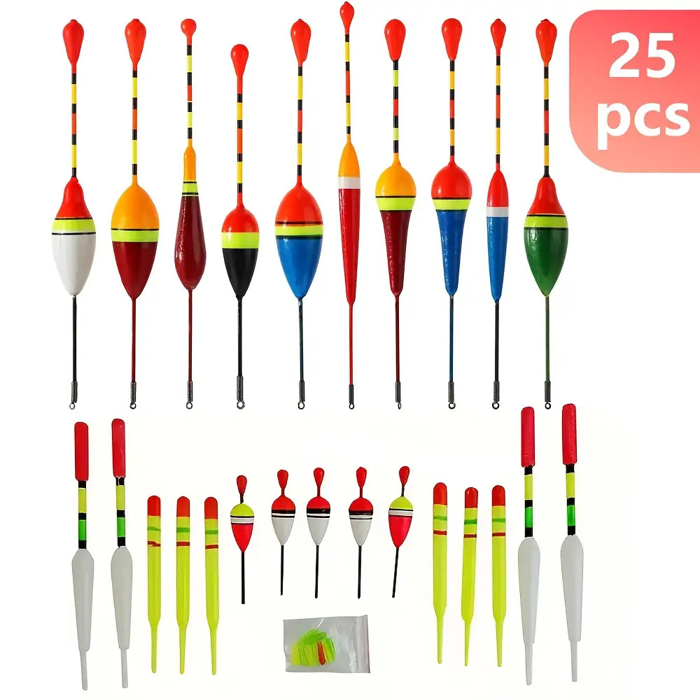 Image of Set Of 25 Fishing Floats In Sizes, Featuring High Foam Bobbers Designed With A Long Tail For Improved Stability And Control. Indicator Drift Tube Floats And Slip Bobbers Are Suitable For , Trout