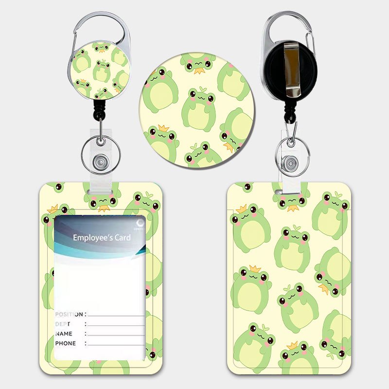 TEMU Cute Frog Green Cartoon Pattern Id Card Holder For Women, With Pull-tab Retractable Lanyard And Keychain, Durable Plastic Card Holder. Suitable