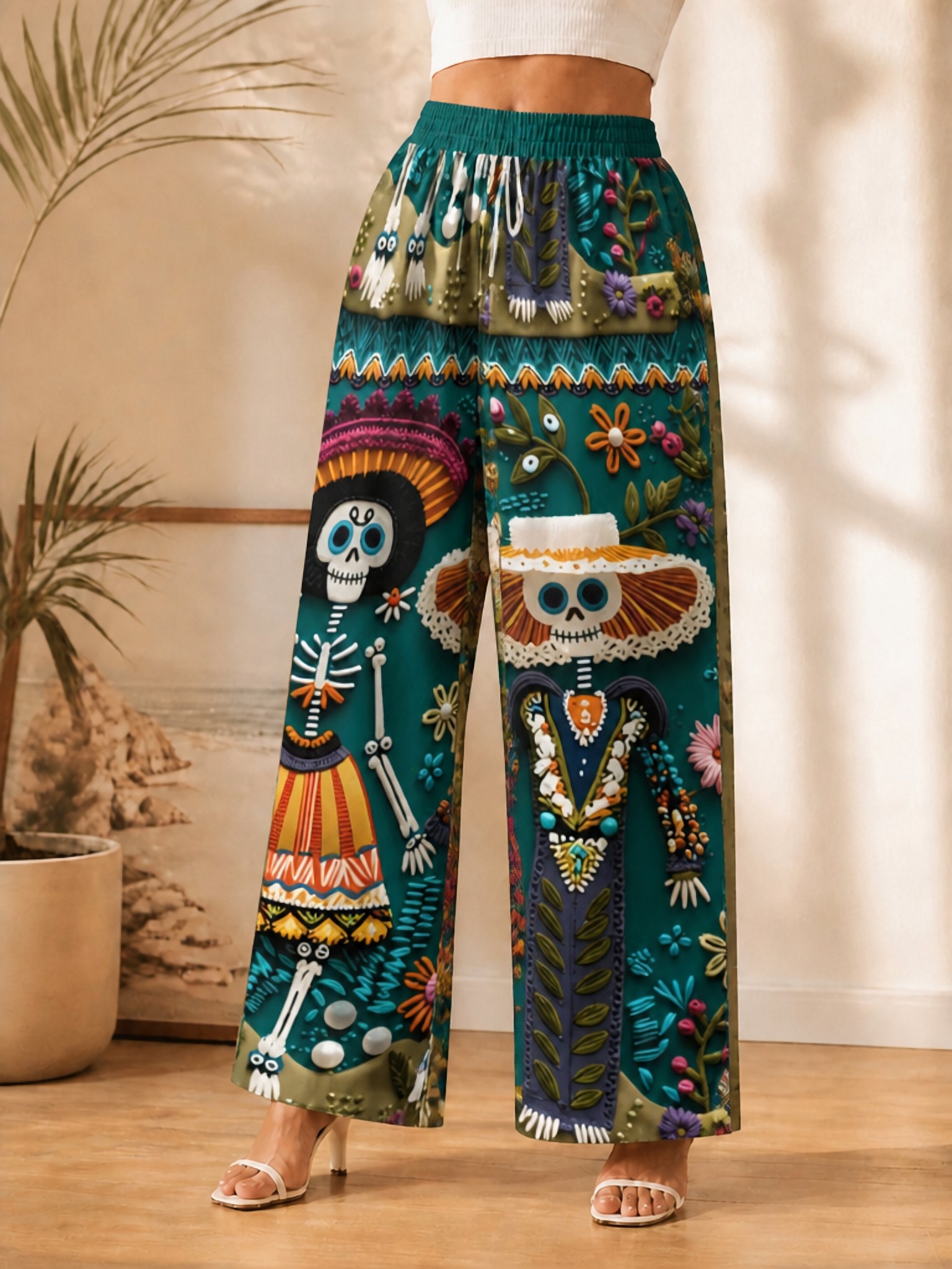 item picture printed design not textured wide leg pants with cartoon skull pattern summer casual trousers suitable for daily wear