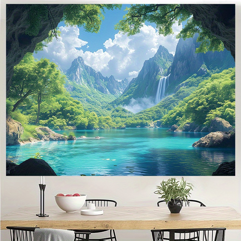 Extra Large Natural Waterfall Tapestry Tropical Greenery Blue Wall Hanging For Living Room Bedroom Background_voghion.com