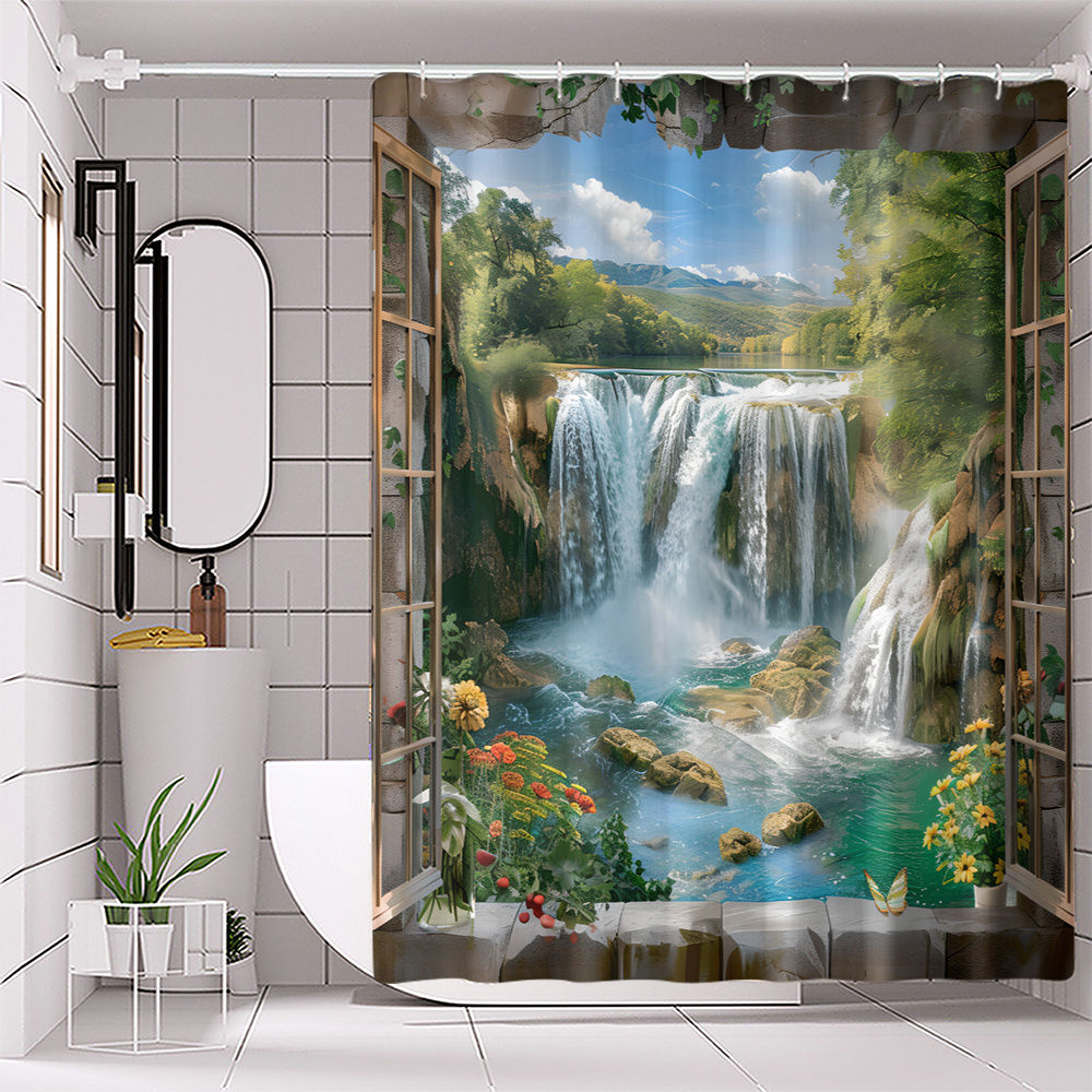 

1pc Waterfall Outside The Window Digital Printing Polyester Waterproof Shower Curtain Punch-free Bathroom Curtain