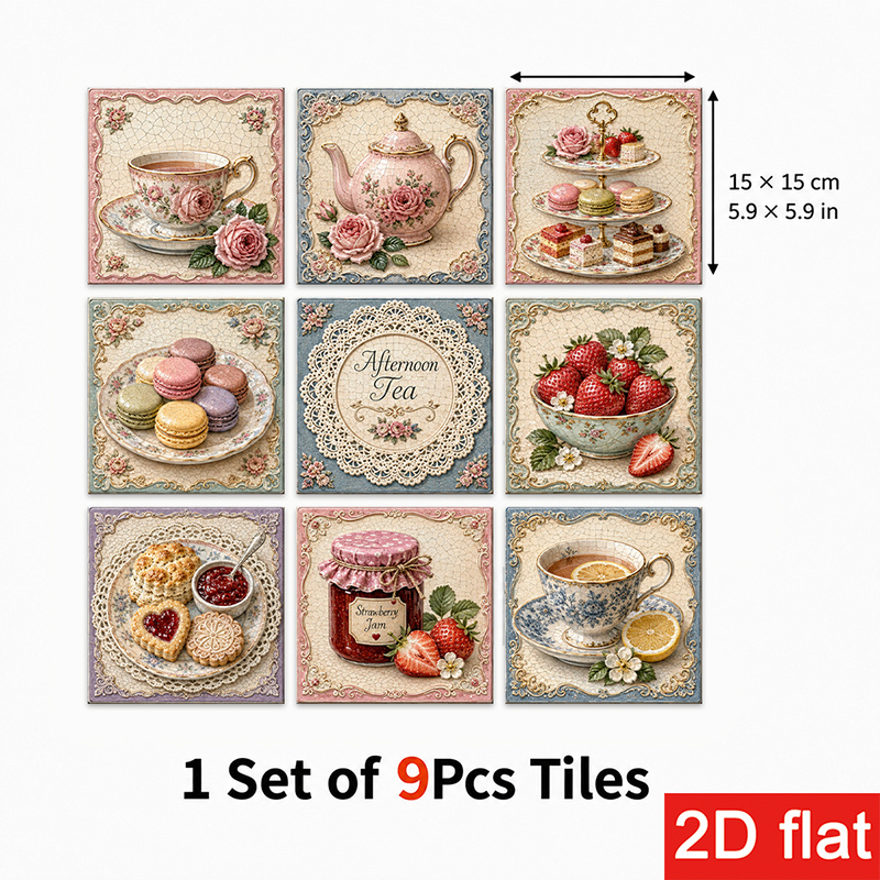 TEMU Pegatinas 2D de 9 piezas de 15X15Cm (5.9X5.9In) con diseño de teja de pizarra encantador - Motivo floral de té para salpicadero de cocina,
