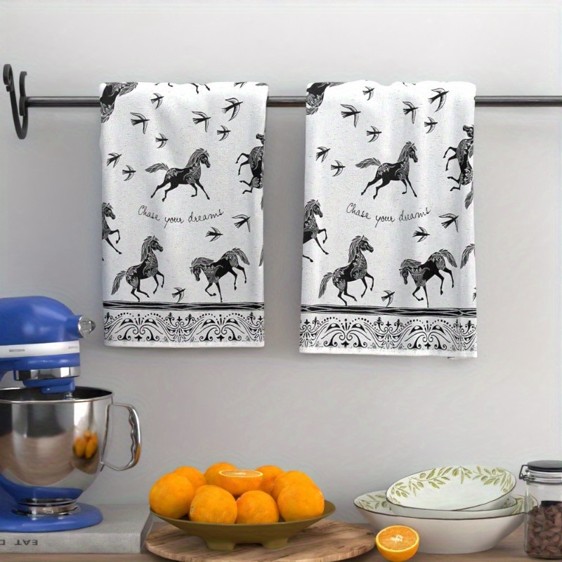 TEMU 2pcs Horse-themed Kitchen Towels 18x26 Inch - Polyester, Black & White Horses Design With " Your " Quote, Decorative & Absorbent For Kitchen,