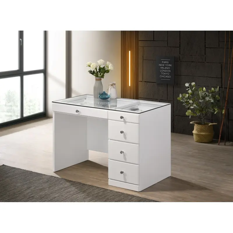 Glam Makeup Vanity Table with Glass Top & 5 Drawers