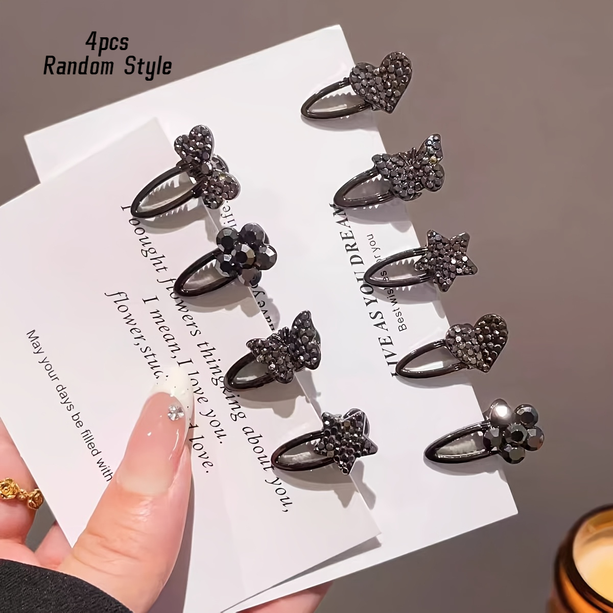 Image of 4pcs Rhinestone Bow Side Duckbill Random Style Clips, Rhinestone Hairpin High-end Hair Bangs Clip Hair Additions