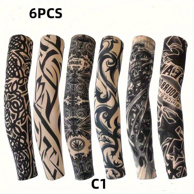 Image of Set Of 6 Unisex Arm Sleeves Featuring Skull, Floral, And Geometric Designs, Easily Washable , Perfect For Outdoor Events, Festivals, And Beach