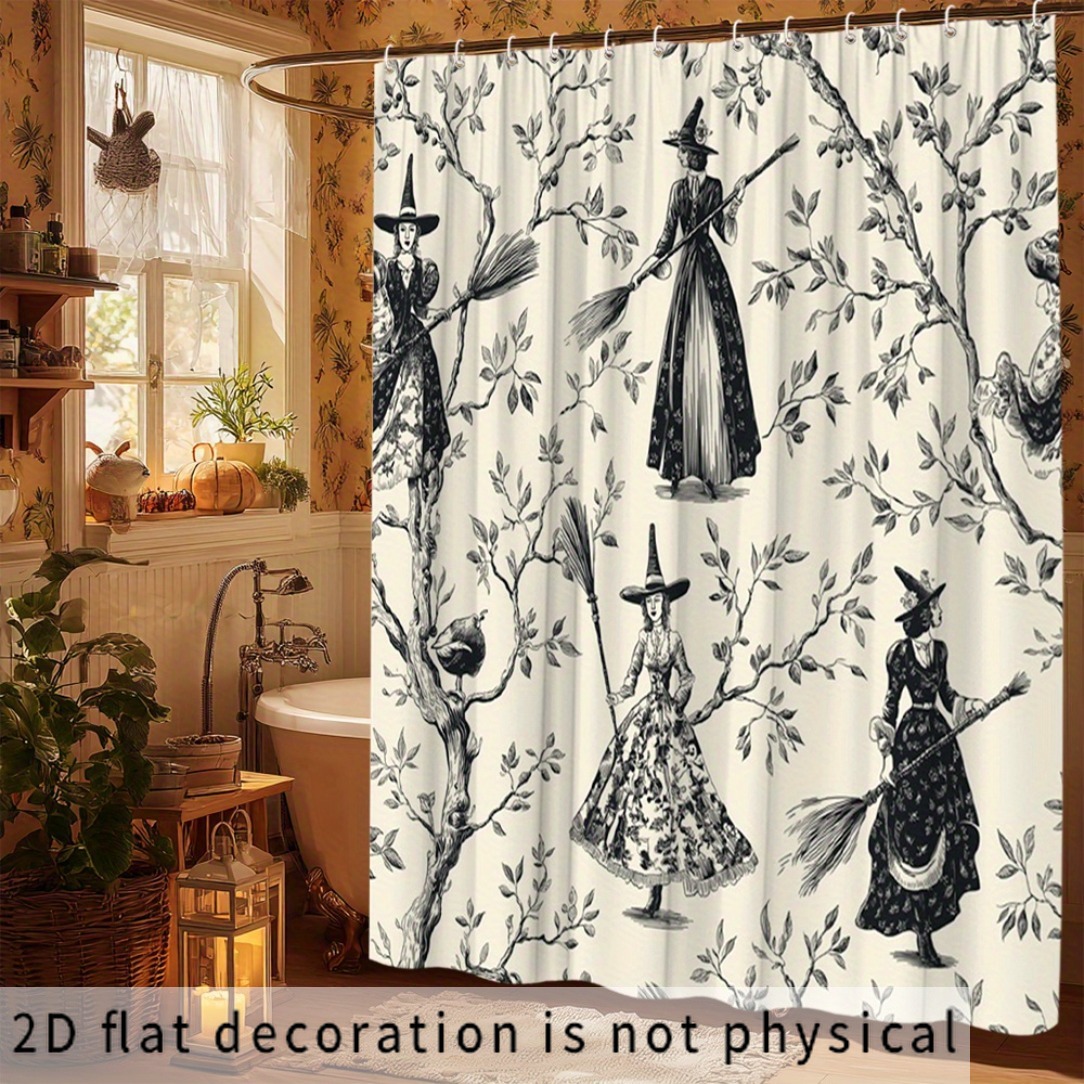 TEMU Plat 2D, Rideau de Douche Plat 2D 1 pièce, Rideau de Douche Extra-Long Sorcière d'Halloween - Motif Vintage de Sorcière Noire et Blanche, Inclut