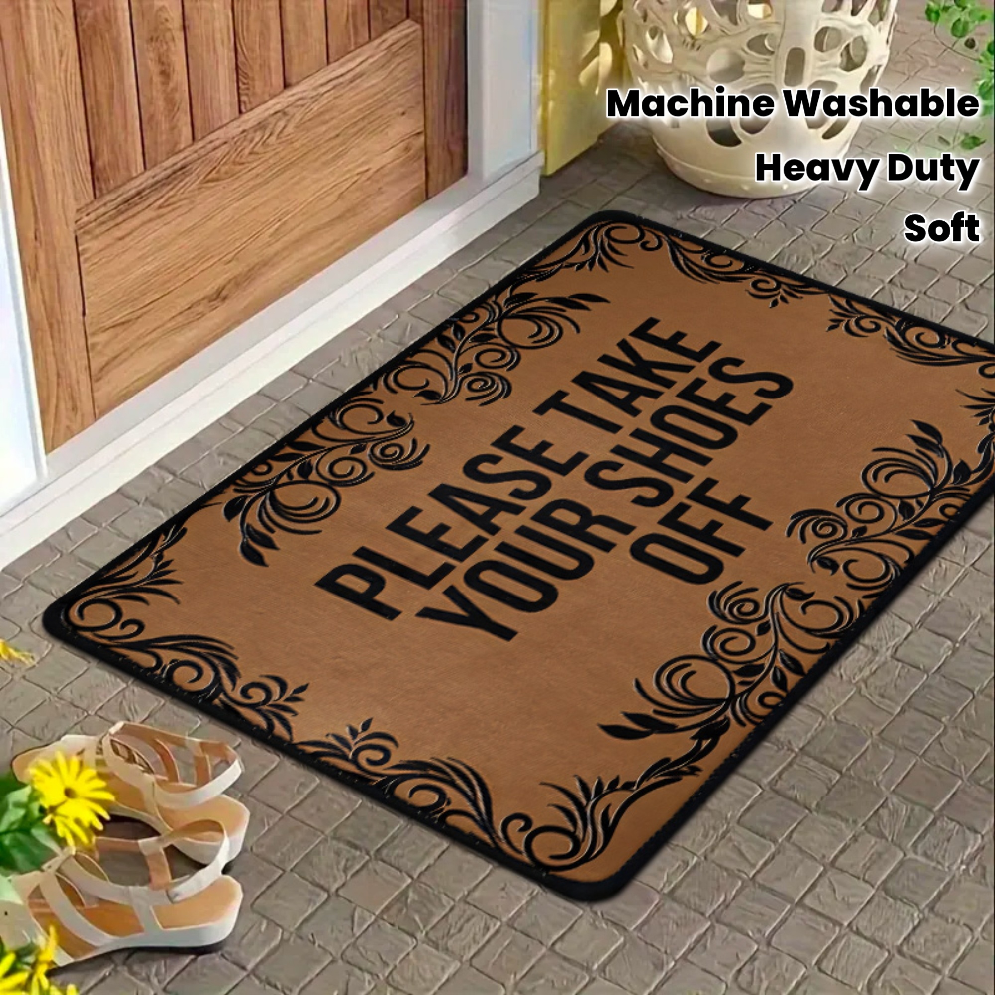 TEMU 1pc "please Your Shoes" Entryway Mat | Heavy-duty Soft With Black Border & Shoe Removal Sign, Machine-washable, Suitable For Home, Office,