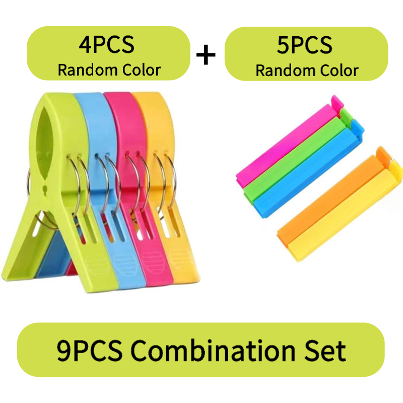 Image of Random Color 9pcs Camping Clips Set: 4 Windproof Beach Towel Clothespins + 5 Food Sealing Clips For Outdoor Camping, Hiking, Picnic & Kitchen Use, Clothes Pins