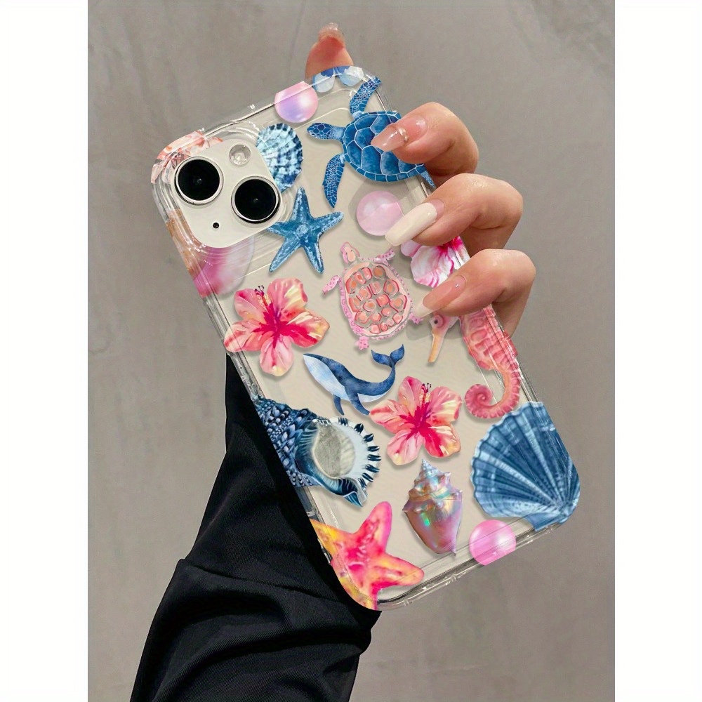 A Transparent TPU Phone Case with a Blue And Pink Starfish And Turtle Design, Compatible with Apple Iphone Models 16, 15, 14, 13, 12, 11, XS, XR, X, 8, 7 Plus, Pro, Mini, Max, SE Series. Perfect As an Easter Gift, Birthday Present, for a Girlfriend, Boyfriend, Friend, Or for Yourself.