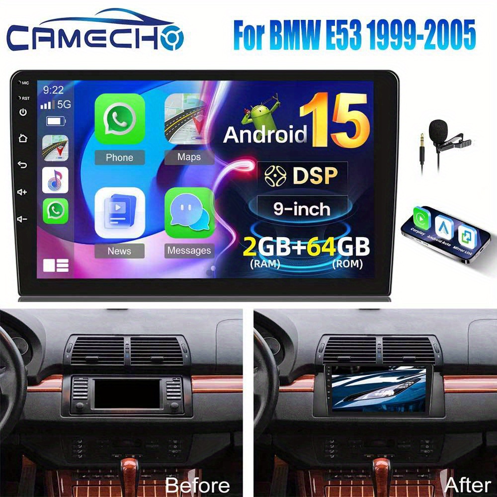 Image of Camecho Dsp Stereo Radio For E53 1999-2005 With Auto , [2g+64g] 9 Inch Hd Ips Touch Screen Build-in Gps B/ T Radio Wifi Ahd Backup Mic