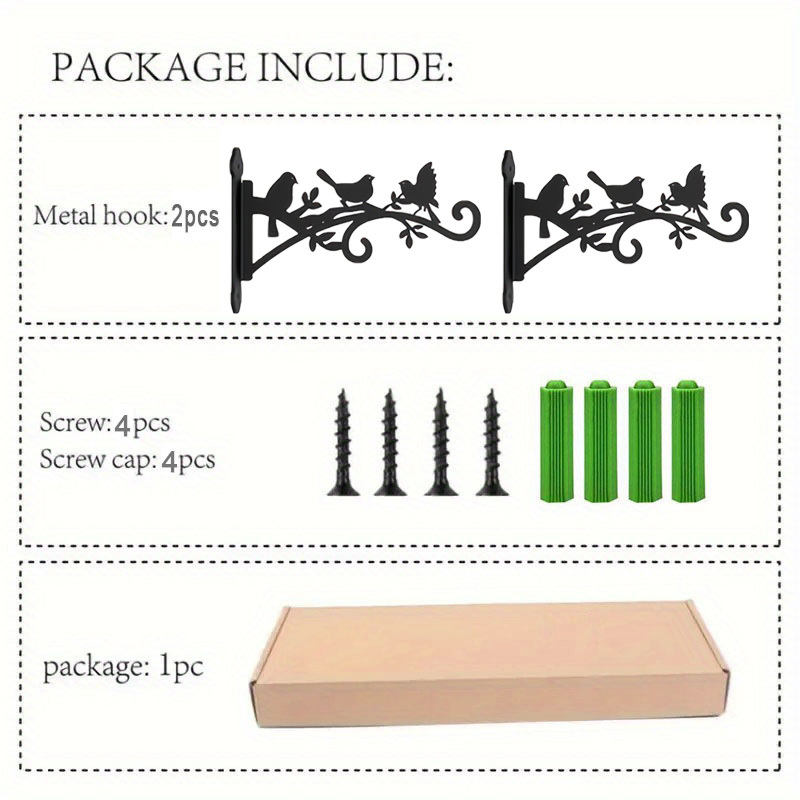 Image of Metal Plant Hooks, Set With 2 Brackets, 4 Screws, 4 Nuts, Cute 3 Bird And Leaf Design - Sturdy Outdoor Flower Basket Hooks, Solar Lights, Bird Feeders, And Wall Decorations