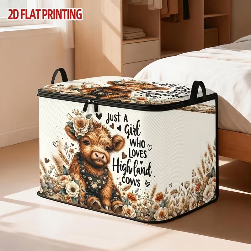 TEMU 1 Large-capacity Storage Box With Lid, Featuring A Cute Highland Cow Floral Autumn Design, Patterned Fabric Storage Bin, Foldable Wardrobe