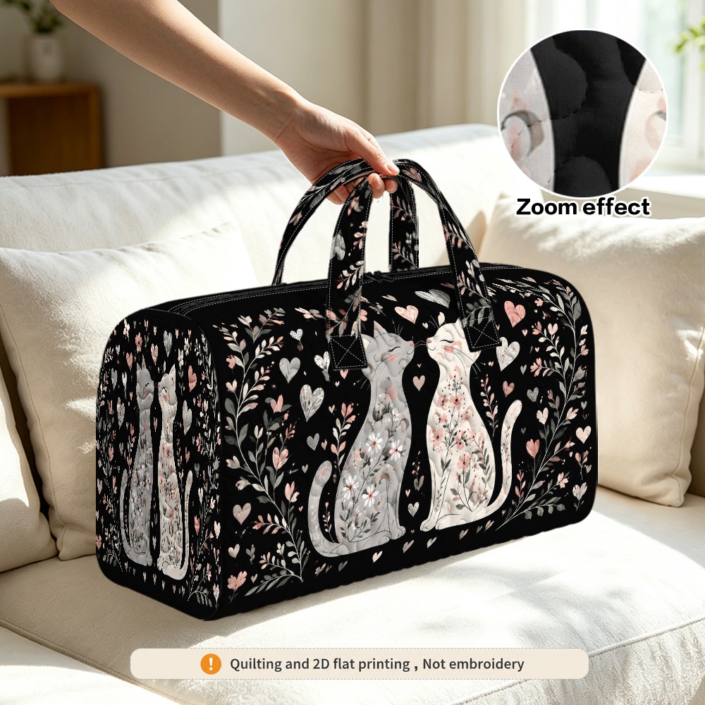 item picture 2d flat 1pc valentine cats and flowers printed quilted travel luggage bag zipper closure reinforced handle lightweight soft fabric great for business trips camping outdoor activities non embroidered