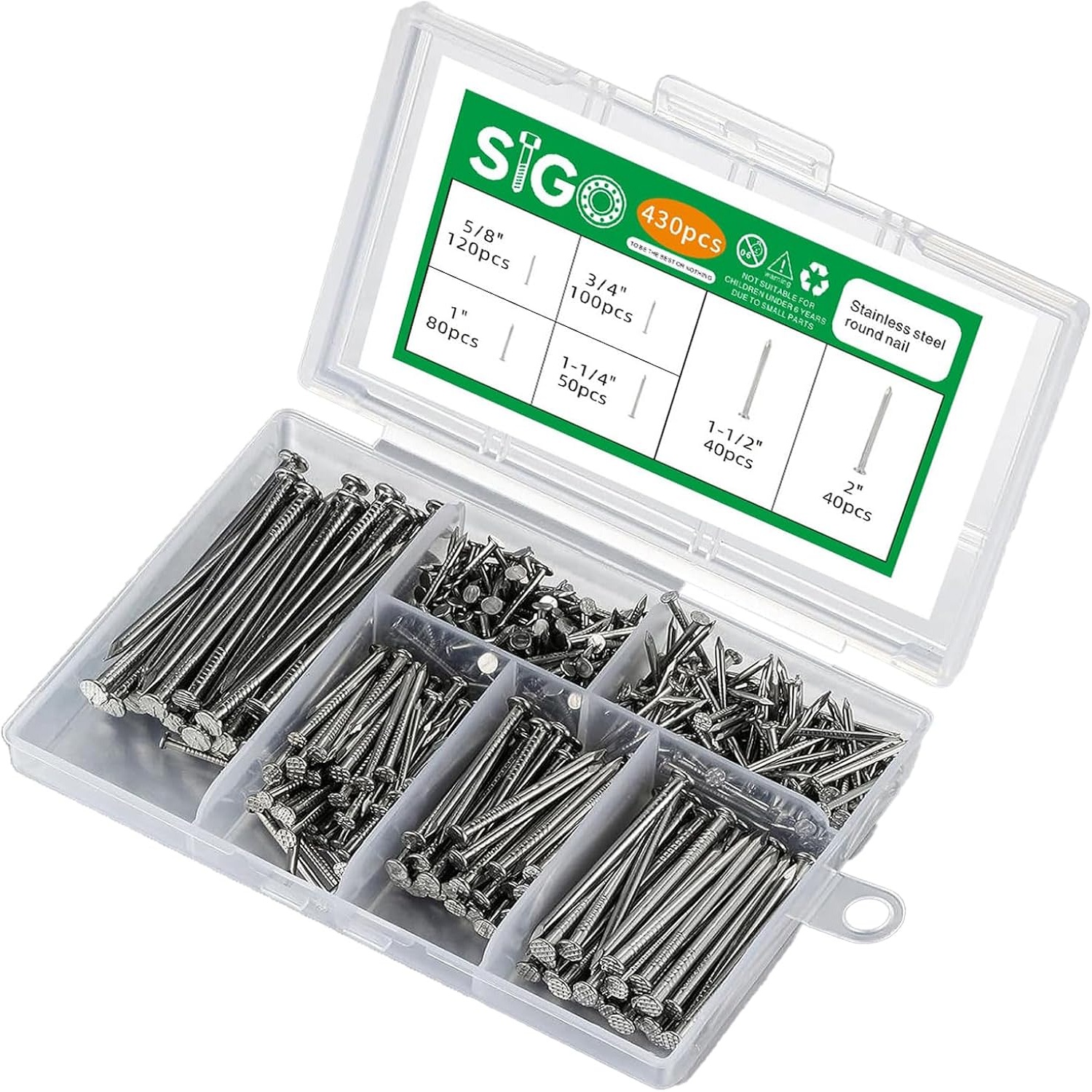 a kit containing 430pcs of stainless steel 304 nails featuring six different sizes 5 8 3 4   4   and 2 this   hanging nails wall nails dowels and long nails