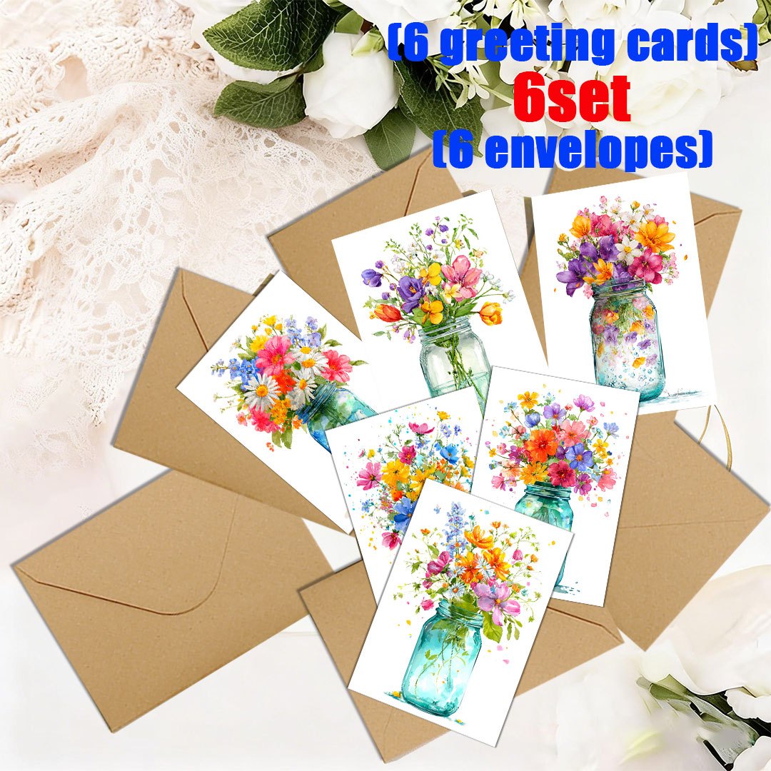 TEMU 6-delige/12-delige set glazen flessen, bloemen, kleurrijke wenskaarten + enveloppen | binnenpagina's | Perfect voor feestdagen, feesten en