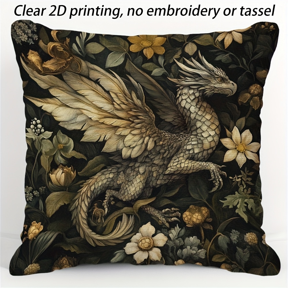 TEMU 2d Flat - 1pc Of Mysterious Dragon Floral 2d Printed Pillowcase - Made Of Soft Polyester, Double-sided Design With An Invisible Zipper,
