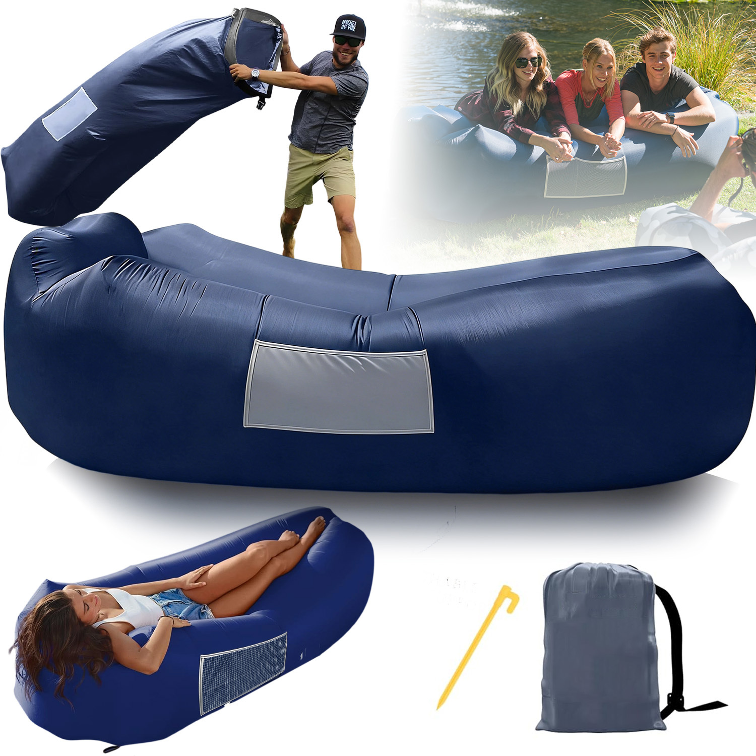 Outdoor Lazy Inflatable Couch With Storage Function, Practical Mesh Pocket And Fixed Strap For Hiking Concert Backyard Daily Rest
