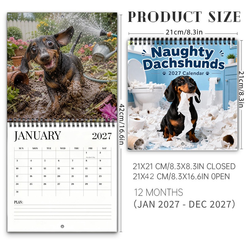 TEMU 1pc Calendrier Mural 2027 Chiens Tête - Planificateur 12 Mois Relié avec Photos Mensuelles de Chiens Farceurs Créant des Gâchis, Convient , &