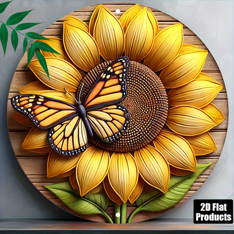TEMU 2d Flat - 1pc 2d Flat Sunflower Art Round Decor | Design, Nature Inspired, Warm Yellow, Frameless, Vintage Style, Wall Hanging, Perfect For